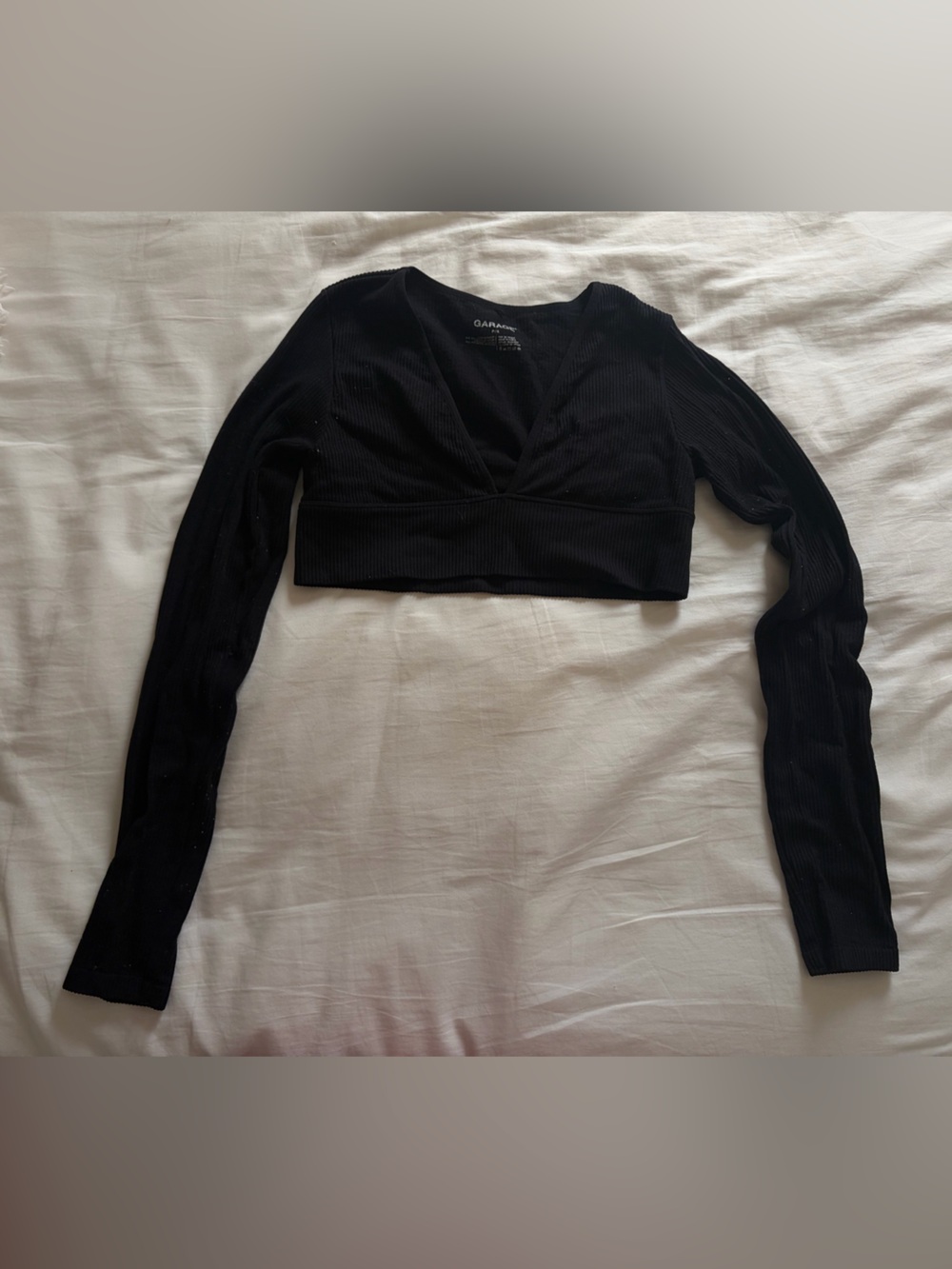 Garage Black Ribbed V-Neck Long Sleeve Crop Top